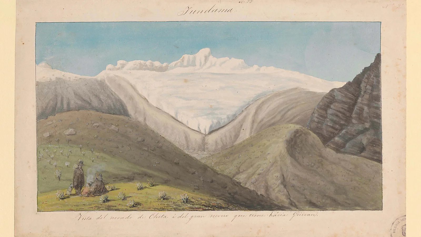 Acuarela de 1850 del nevado de Chita, con páramo de frailejones y dos viajeros junto a una fogata